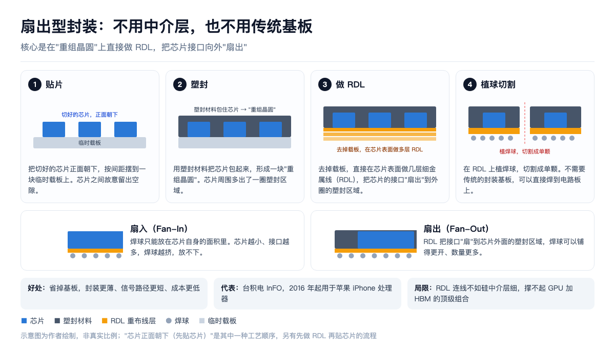 扇出型封装:不用中介层,也不用传统基板